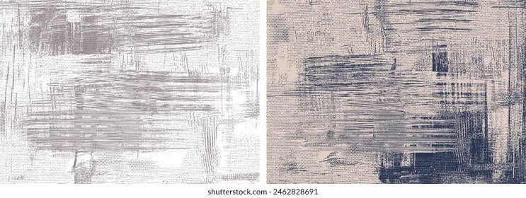 Purple canvas texture backgrounds, two modern abstract backdrop artworks. Rough textured brush strokes painting, vector art