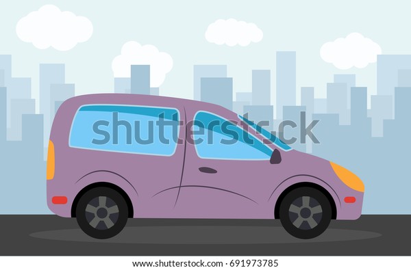 Purple car in the background of\
skyscrapers in the afternoon.  Vector\
illustration.\
