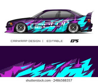 Purple car with blue and pink racing stripes. Perfect for automotive or racingthemed designs, posters, or advertising materials. Vibrant and eyecatching.