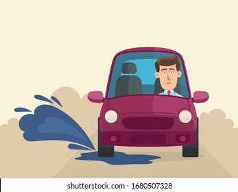 A purple car drive through a puddle, dirty splashes of water fly from under the wheels. Urban road after rain. Vector illustration, flat design, cartoon style, front view.