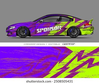 Purple car with a pink and white design, ideal for racing sponsors, and editable vector graphics suitable for automotive themed projects.