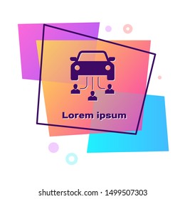 Purple Car sharing with group of people icon isolated on white background. Carsharing sign. Transport renting service concept. Color rectangle button. Vector Illustration