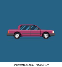 Purple car. Vector illustration. luxury sedan. sied view. Isolate flat 