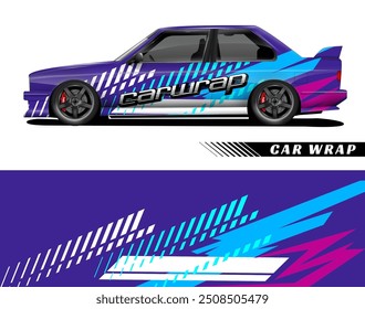 Purple car with vibrant racing graphics suitable for automotive blogs, car ads, posters, and sporty design projects. A dynamic and colorful image.