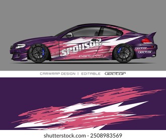 Purple car wrap with pink and white sponsor graphics, great for showcasing a customized vehicle in a unique and eye catching way.