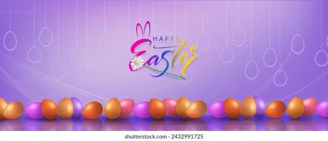 Purple card with Easter eggs with mirror reflection.