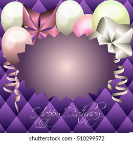 Purple card for invitation, birthday card with frame and balloons