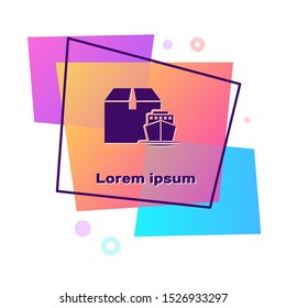 Purple Cargo ship with boxes delivery service icon isolated on white background. Delivery, transportation. Freighter with parcels, boxes, goods. Color rectangle button. Vector Illustration