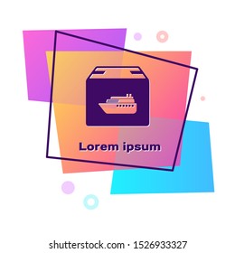 Purple Cargo ship with boxes delivery service icon isolated on white background. Delivery, transportation. Freighter with parcels, boxes, goods. Color rectangle button. Vector Illustration