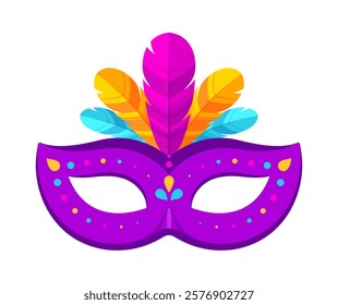 Purple carnival mask with colorful feathers and festive decorative elements. Mardi Gras, festival, party, celebration, costume concept. Flat vector illustration isolated on white background.