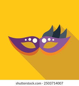 Purple carnival mask with feathers is lying on a yellow background