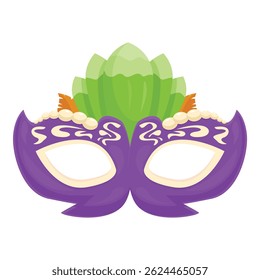 Purple carnival mask with green feathers and pearls, shining on white background