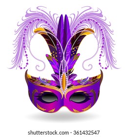 The purple carnival mask with multicolor feathers. The mask decorated with golden pattern.