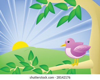 A purple cartoon bird sits in a tree and watches the sun set, background illustration