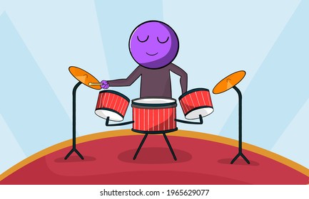 Purple Cartoon Character playing drums. 2D Cartoon Vector illustration. A man Playing Red Drum with blue background or wallpaper