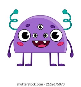 Purple cartoon cute monster or alien with springs. Children's character for games and applications. Vector illustration isolated on white background.