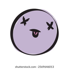 Purple cartoon face with crossed-out eyes and protruding tongue, drawn in a playful sketch style on a white background. Concept of fun and humor. Vector illustration