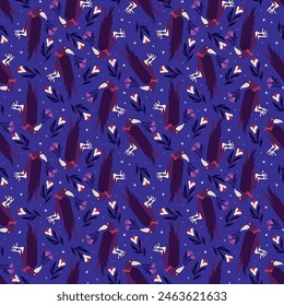 Purple cartoon Halloween seamless pattern with raven and flowers