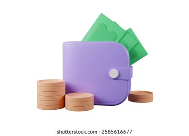 Purple cartoon leather wallet with money inside, picture and coins piled up beside 3D illustration. 3D rendering.