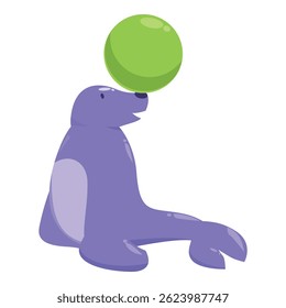 Purple cartoon seal balancing a green ball on its nose