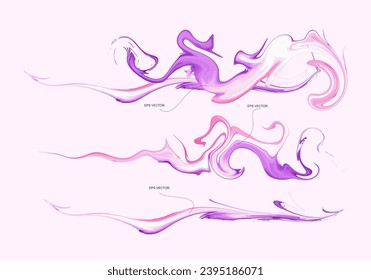 Nubes de humo moradas de dibujos animados. Flujos de humo cómico, polvo, esmog y siluetas humeantes de humos aisladas de ilustraciones vectoriales. Resumen Fondo de onda giratoria púrpura y rosa