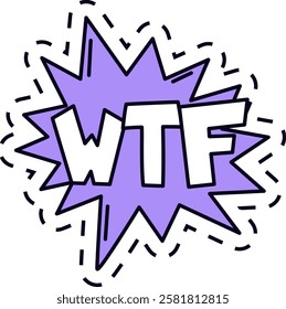 Purple cartoon speech bubble expressing wtf with a dashed outline, conveying surprise, confusion, or disbelief in a bold and expressive way