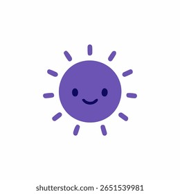 A purple, cartoon sun with a happy face.  Simple, stylized sun rays radiate outward from a round, solid form.  A small, smiling face is depicted on the sun's surface