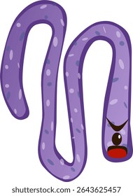 Worm de desenhos animados roxo com características patetas e manchas no fundo branco