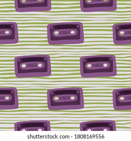 Purple cassette doodle seamless pattern. Disco print on green stripped background. Hipster print. Decorative backdrop for wallpaper, textile, wrapping paper, fabric print. Vector illustration.