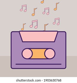 diseño de ilustración vectorial de cassette morado y notas de música