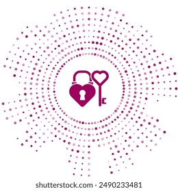 Purple Castle in the shape of a heart and key in heart shape icon isolated on white background. Love symbol and keyhole sign. Abstract circle random dots. Vector Illustration