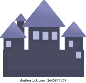 Um castelo roxo com três torres no topo.