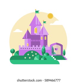 Purple castle. Vector flat illustration.