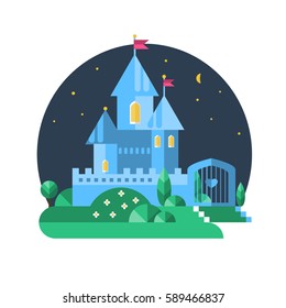Purple castle. Vector flat illustration.