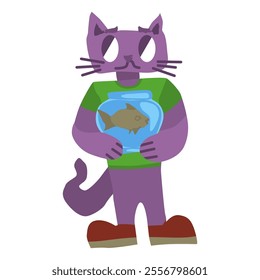 purple cat with aquarium with fish character with emotions. vector stock image