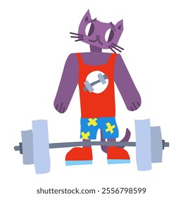 purple cat athlete near barbell character. vector stock image