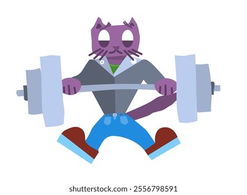 purple cat in biker jacket with barbell in hands. vector stock image