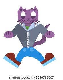 purple cat character in biker jacket. vector stock image