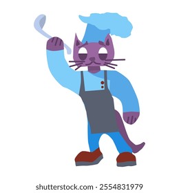 purple cat chef in the kitchen with a ladle in his hands. vector stock image