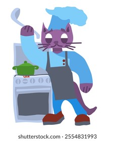 purple cat cook in the kitchen near the gas stove cooking. vector stock image