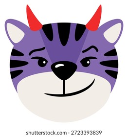 Gato púrpura con cuernos de diablo. Emoji del tigre malvado