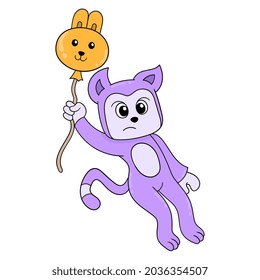 purple cat flying in hot air balloon, vector illustration art. doodle icon image kawaii.