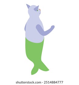 Purple cat with a green mermaid tail is walking and looking to its right