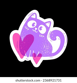 Purple cat with a heart sits on a black background. Cute sticker character. Vector illustration isolated in risograph style