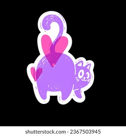 Purple cat with a heart standing on a black background. Cute sticker character. Vector illustration isolated in risograph style