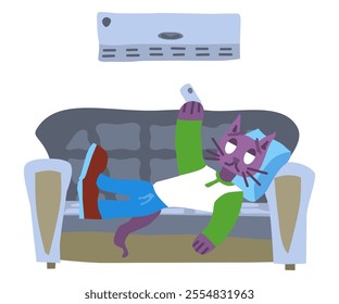 purple cat lies under air conditioner resting on sofa. vector stock image