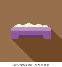 Purple cat litter box full of sand, isolated on brown background