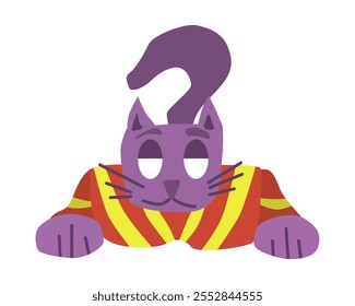 purple cat lying on belly simple character. stock vector image