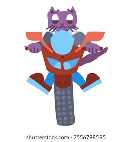 purple cat on motorcycle character with emotions. vector stock image