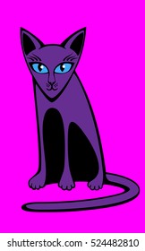 Purple cat. Pink background. Flat. Cartoon. Caricature. Logo.
